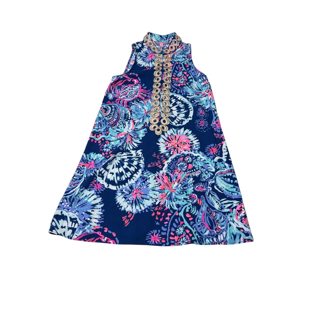 Lilly Pulitzer 00 Sea to Shining Sea Shift Dress Navy Gold Soutache Womens 28851